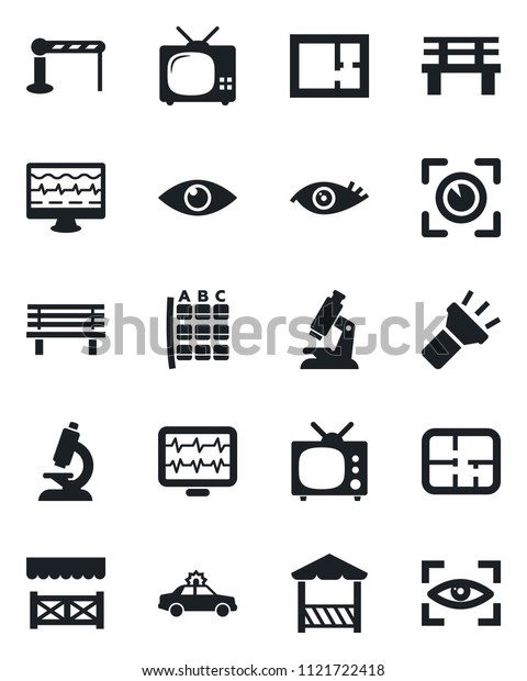 Set of vector isolated black icon - barrier\
vector, alarm car, seat map, bench, monitor pulse, microscope, eye,\
torch, plan, tv, alcove,\
scan