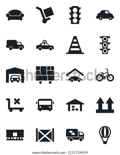 Set of vector isolated black icon - airport bus\
vector, waiting area, alarm car, border cone, bike, traffic light,\
delivery, container, consolidated cargo, up side sign, no trolley,\
railroad, garage