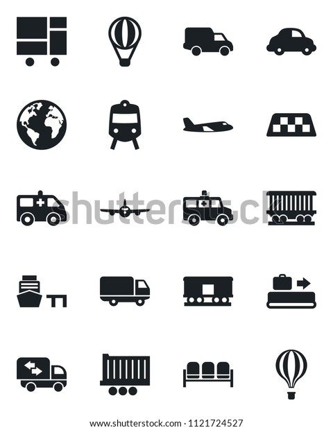 Set of vector isolated black icon - taxi vector,\
baggage conveyor, train, waiting area, plane, ambulance car, earth,\
railroad, truck trailer, delivery, sea port, consolidated cargo,\
moving