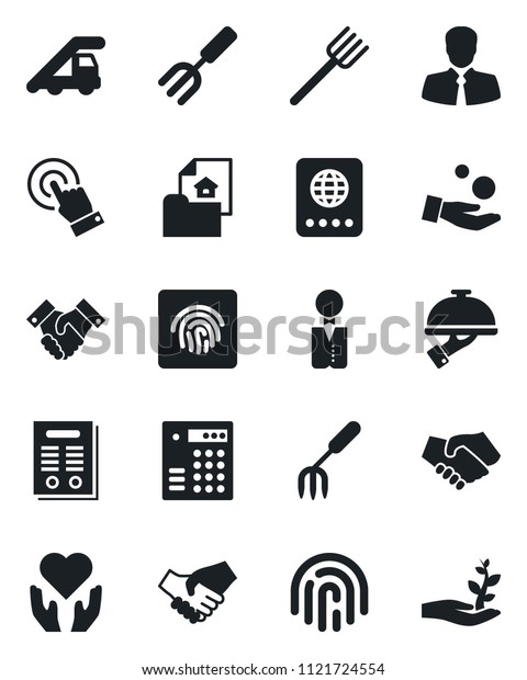 Set of vector isolated black icon - passport vector,\
ladder car, garden fork, farm, heart hand, client, touch screen,\
fingerprint id, handshake, contract, estate document, waiter,\
combination lock