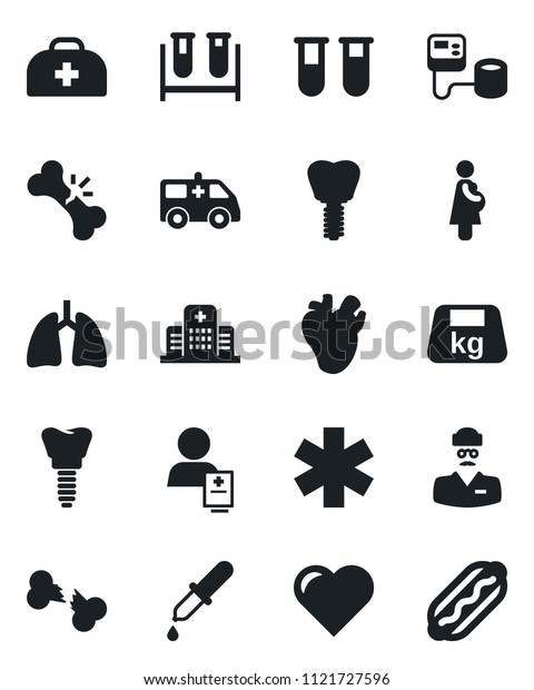 Set of vector isolated black icon - heart vector,
doctor case, blood pressure, test vial, dropper, ambulance star,
car, lungs, real, implant, broken bone, hospital, patient,
pregnancy, heavy