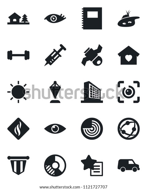 Set of vector isolated black icon - radar vector,\
office building, pennant, circle chart, sun, syringe, barbell, eye,\
satellite, network, favorites list, id, copybook, house with tree,\
pond, car