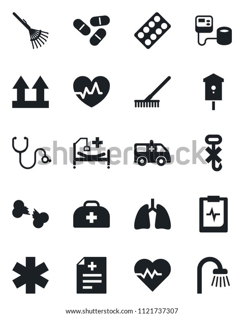 Set of vector isolated black icon - rake vector,\
bird house, heart pulse, doctor case, diagnosis, stethoscope, blood\
pressure, pills, blister, ambulance star, car, hospital bed, lungs,\
broken bone
