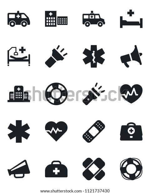 Set of vector isolated black icon -\
heart pulse vector, doctor case, patch, ambulance star, car,\
hospital bed, loudspeaker, torch, crisis\
management