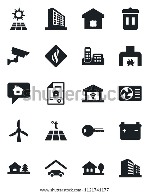 Set of vector isolated black icon - office\
building vector, phone, house with tree, garage, estate document,\
key, fireplace, smart home, air conditioner, smoke detector, warm\
floor, gate control