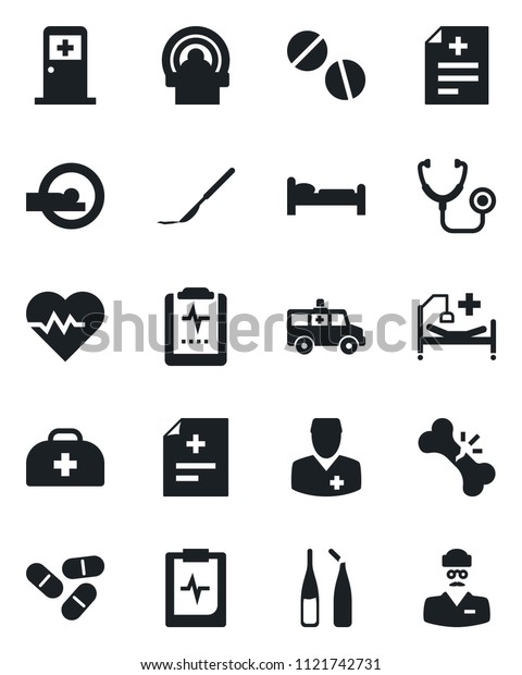 Set of vector isolated black icon - bed vector,\
medical room, heart pulse, doctor case, diagnosis, stethoscope,\
pills, ampoule, scalpel, tomography, ambulance car, hospital,\
broken bone, clipboard