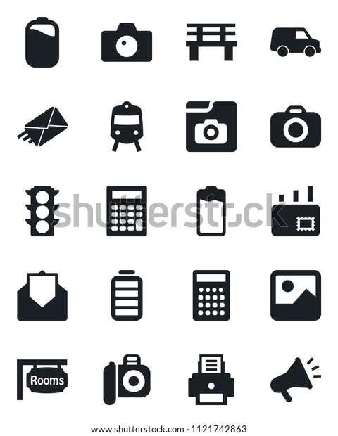 Set of vector isolated black\
icon - train vector, camera, bench, traffic light, battery, mail,\
gallery, photo, printer, rooms, calculator, car,\
advertising