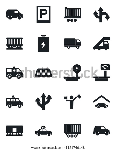 Set of vector\
isolated black icon - dispatcher vector, taxi, parking, alarm car,\
ladder, ambulance, route, railroad, truck trailer, delivery, heavy\
scales, garage, battery