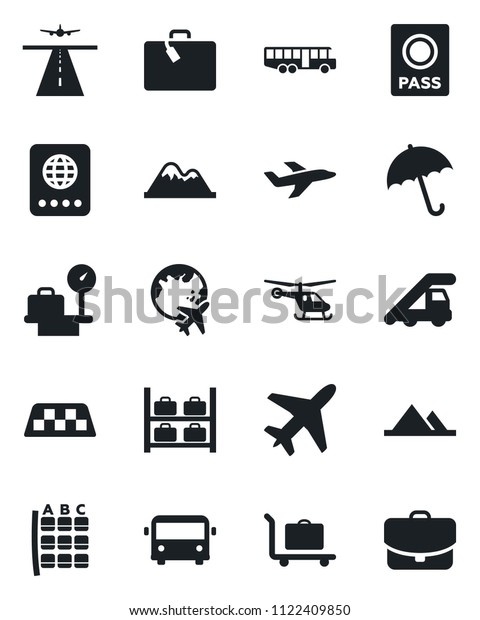 Set of vector isolated black icon - plane vector,\
runway, taxi, suitcase, baggage trolley, airport bus, umbrella,\
passport, ladder car, helicopter, seat map, luggage storage,\
scales, globe, case