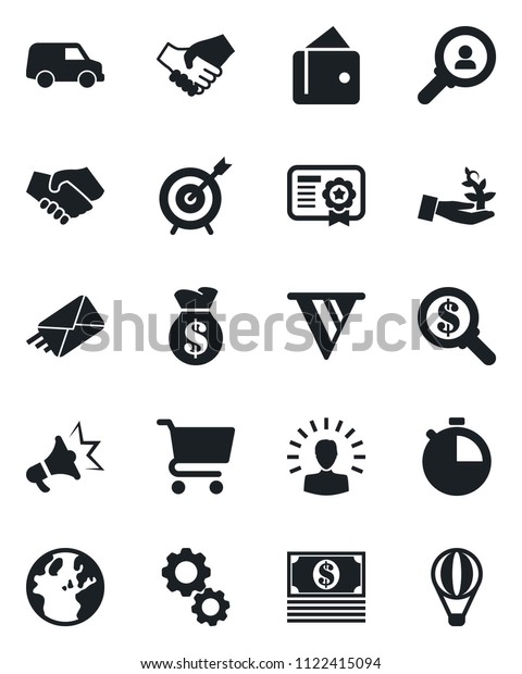 Set of vector isolated black icon - stopwatch\
vector, target, consumer search, gear, palm sproute, shining head,\
handshake, wallet, money bag, pennon, earth, cart, cash, car,\
certificate, mail