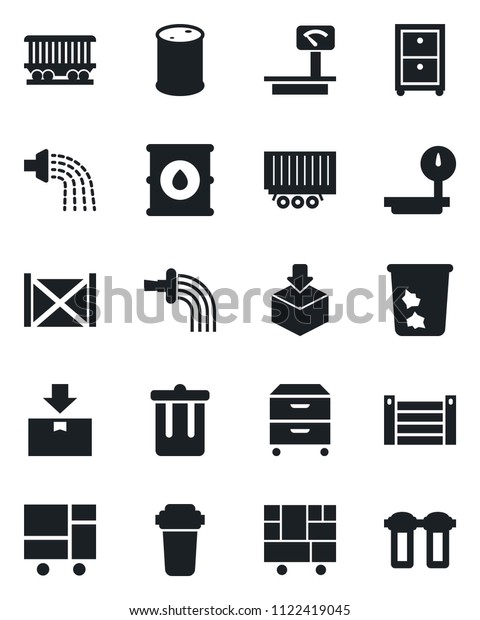 Set\
of vector isolated black icon - trash bin vector, watering,\
railroad, truck trailer, container, consolidated cargo, package,\
oil barrel, heavy scales, archive box, water\
filter