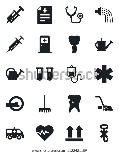 Set of vector isolated black icon - medical room\
vector, rake, watering can, lawn mower, heart pulse, diagnosis,\
stethoscope, syringe, blood test vial, dropper, tomography,\
ambulance star, car