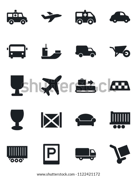 Set of vector isolated black icon - plane vector,
taxi, baggage conveyor, airport bus, parking, waiting area,
wheelbarrow, ambulance car, sea shipping, truck trailer, delivery,
container, fragile