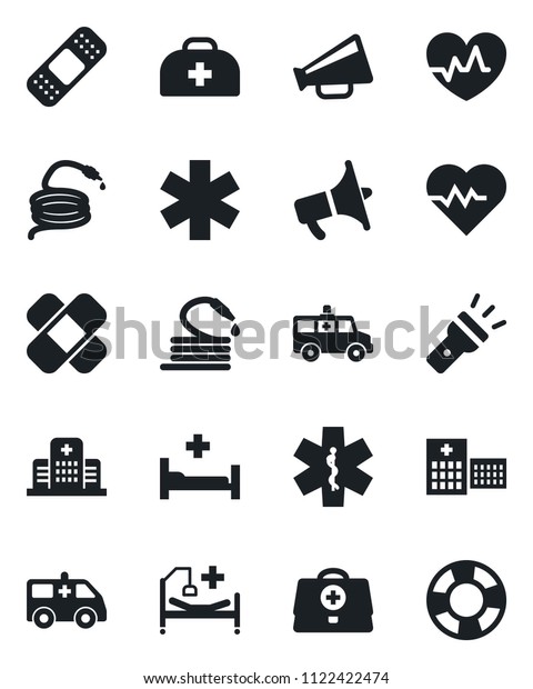Set of vector isolated black icon -\
hose vector, heart pulse, doctor case, patch, ambulance star, car,\
hospital bed, loudspeaker, torch, crisis\
management