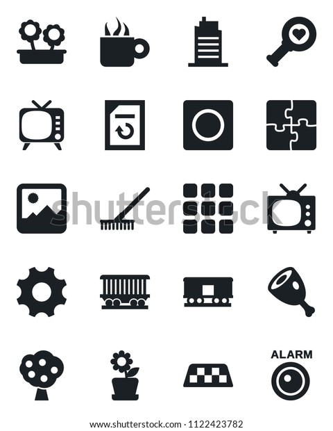 Set of vector isolated black icon - taxi vector,\
document reload, rake, heart diagnostic, railroad, tv, menu,\
gallery, settings, record, application, fruit tree, flower in pot,\
city house, coffee