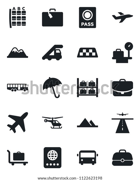 Set of vector isolated black icon - plane vector,\
runway, taxi, suitcase, baggage trolley, airport bus, umbrella,\
passport, ladder car, helicopter, seat map, luggage storage,\
scales, mountains, case