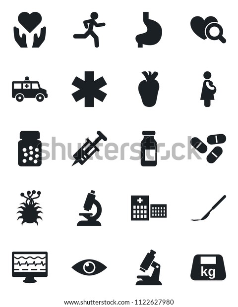 Set of vector isolated black icon - monitor pulse\
vector, syringe, heart diagnostic, microscope, pills, bottle,\
ampoule, scalpel, ambulance star, car, run, hand, stomach, real,\
eye, hospital, virus