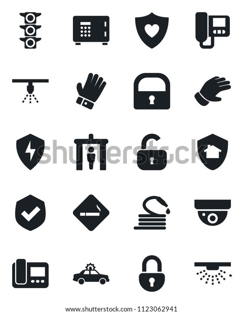 Set of vector isolated black icon - security\
gate vector, smoking place, alarm car, safe, glove, hose, heart\
shield, traffic light, protect, lock, intercome, home,\
surveillance, sprinkler