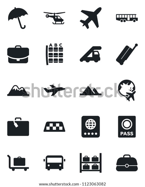Set of vector isolated black icon - plane vector,\
taxi, suitcase, baggage trolley, airport bus, umbrella, passport,\
ladder car, helicopter, seat map, luggage storage, globe,\
mountains, case