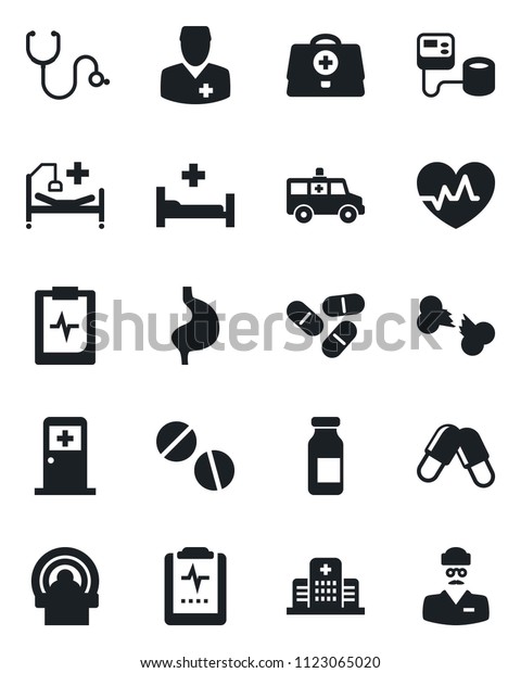 Set of vector isolated black icon - medical room\
vector, heart pulse, doctor case, stethoscope, blood pressure,\
pills, ampoule, tomography, ambulance car, hospital bed, stomach,\
broken bone