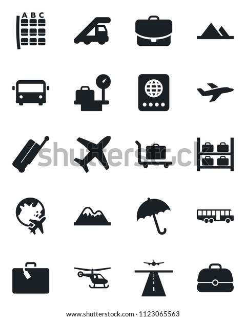 Set of vector isolated black icon - runway vector,
suitcase, baggage trolley, airport bus, umbrella, passport, ladder
car, helicopter, seat map, luggage storage, scales, plane globe,
mountains, case
