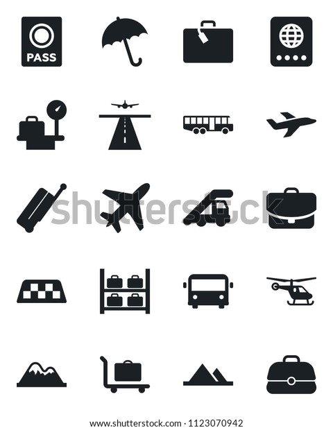 Set of vector isolated black icon - plane vector,\
runway, taxi, suitcase, baggage trolley, airport bus, umbrella,\
passport, ladder car, helicopter, luggage storage, scales,\
mountains, case