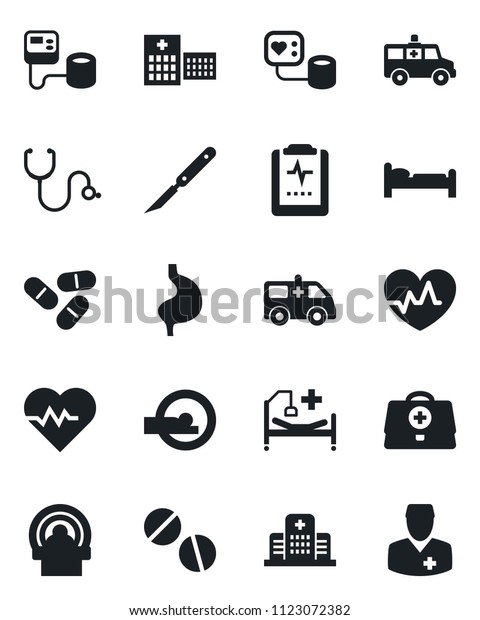 Set of vector\
isolated black icon - bed vector, heart pulse, doctor case,\
stethoscope, blood pressure, pills, scalpel, tomography, ambulance\
car, hospital, stomach,\
clipboard