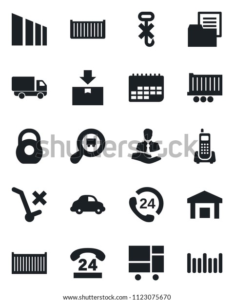 Set of vector isolated black icon - office phone\
vector, 24 hours, client, truck trailer, cargo container, car\
delivery, term, consolidated, folder document, no trolley, hook,\
warehouse, package