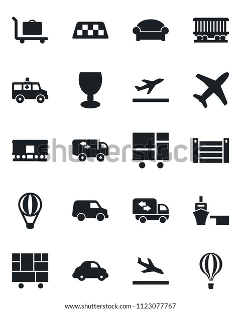 Set of vector isolated black icon - taxi vector,\
departure, arrival, baggage trolley, waiting area, ambulance car,\
railroad, plane, delivery, sea port, container, consolidated cargo,\
fragile, moving