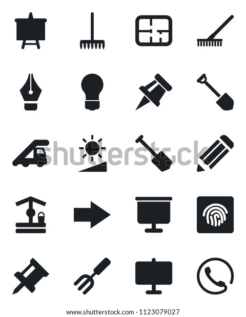 Set of vector isolated black icon - right arrow\
vector, ladder car, presentation board, bulb, job, pencil, garden\
fork, rake, well, brightness, fingerprint id, drawing pin, ink pen,\
plan, phone