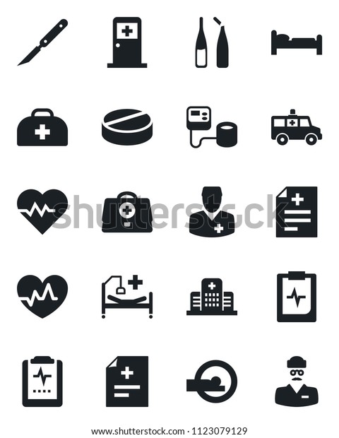 Set of vector isolated black icon - bed vector,\
medical room, heart pulse, doctor case, diagnosis, blood pressure,\
pills, ampoule, scalpel, tomography, ambulance car, hospital,\
clipboard