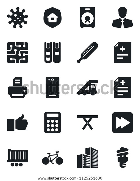 Set of vector isolated black icon - ladder car\
vector, printer, picnic table, diagnosis, thermometer, bike, virus,\
client, truck trailer, speaker, finger up, fast forward, phone\
back, calculator