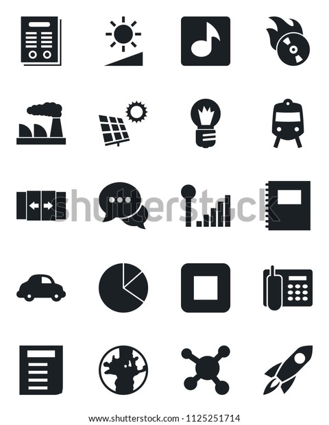 Set of vector isolated black icon - automatic door\
vector, train, document, bulb, factory, molecule, earth, car\
delivery, flame disk, dialog, stop button, brightness, music,\
cellular signal, rocket