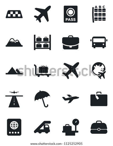 Set of vector isolated black icon - plane vector,\
runway, taxi, suitcase, baggage trolley, airport bus, umbrella,\
passport, ladder car, seat map, luggage storage, scales, globe,\
mountains, case