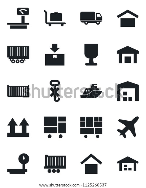 Set of vector isolated black icon - plane vector,\
baggage trolley, sea shipping, truck trailer, cargo container, car\
delivery, consolidated, fragile, warehouse storage, up side sign,\
no hook