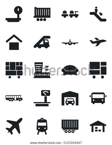 Set of vector isolated black icon - plane vector,\
airport bus, train, escalator, waiting area, baggage larry, ladder\
car, building, truck trailer, consolidated cargo, warehouse\
storage, heavy scales