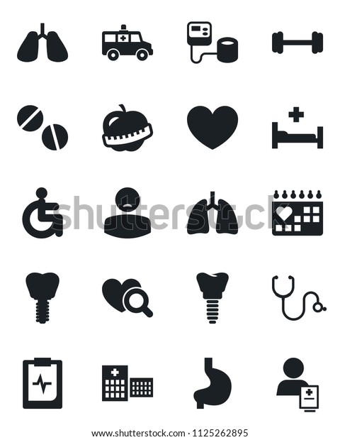 Set of vector isolated black icon - heart vector,
stethoscope, blood pressure, diagnostic, pills, ambulance car,
barbell, hospital bed, disabled, stomach, lungs, implant, medical
calendar, diet