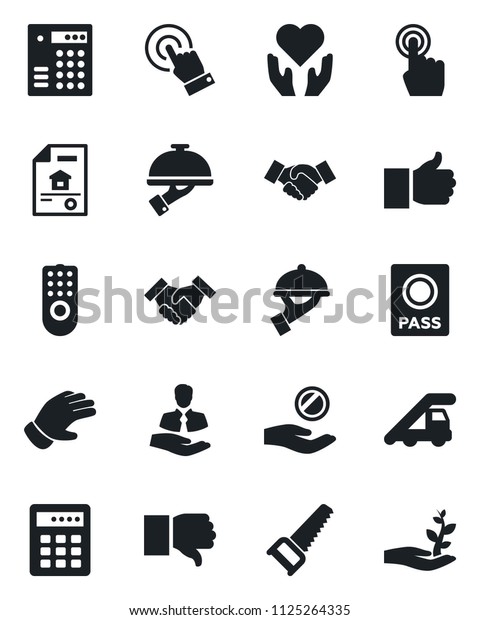 Set of vector isolated black icon - passport vector,\
ladder car, handshake, glove, saw, heart hand, client, touch\
screen, finger up, down, estate document, waiter, remote control,\
combination lock