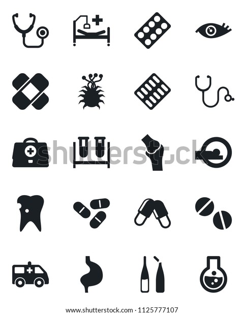 Set of vector isolated black icon - doctor case\
vector, stethoscope, blood test vial, pills, blister, ampoule,\
patch, tomography, ambulance car, hospital bed, stomach, caries,\
eye, joint, virus