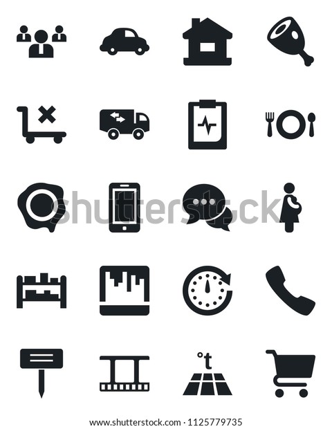 Set of vector isolated black icon - mobile phone\
vector, team, stamp, plant label, pulse clipboard, pregnancy, car\
delivery, no trolley, rack, film frame, dialog, call, scanner,\
house, moving, cafe