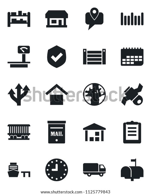 Set of vector isolated black icon - route vector,
earth, railroad, store, satellite, mobile tracking, car delivery,
clock, term, sea port, container, clipboard, warehouse storage,
shield, barcode
