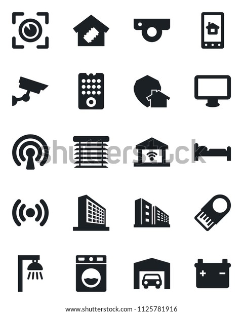 Set of vector isolated black icon - bed vector,\
office building, monitor, garage, smart home, remote control,\
wireless, web camera, app, washer, outdoor lamp, jalousie, gate,\
eye scan, protect