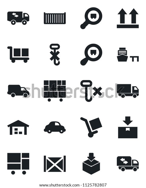 Set of vector isolated black
icon - cargo container vector, car delivery, sea port,
consolidated, up side sign, no hook, package, search, warehouse,
moving