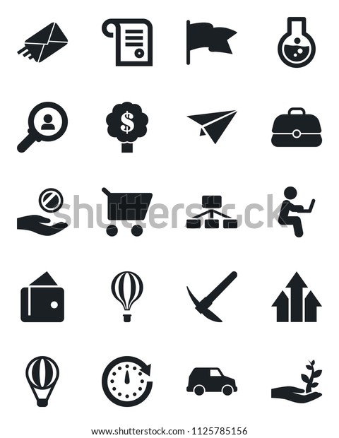 Set of vector isolated black icon - consumer\
search vector, arrow up graph, wallet, clock, investment, cart,\
flask, flag, case, car, paper plane, hierarchy, mail, contract, man\
with notebook