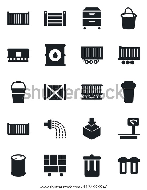 Set\
of vector isolated black icon - trash bin vector, bucket, watering,\
railroad, truck trailer, cargo container, consolidated, package,\
oil barrel, heavy scales, archive box, water\
filter