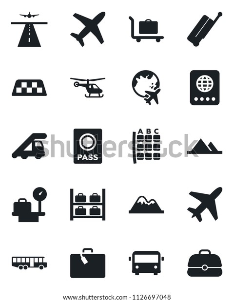 Set of vector isolated black icon - plane vector,\
runway, taxi, suitcase, baggage trolley, airport bus, passport,\
ladder car, helicopter, seat map, luggage storage, scales, globe,\
mountains, case