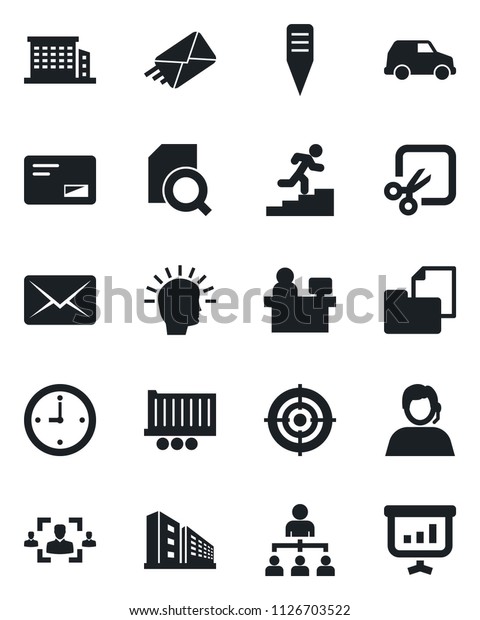 Set of vector isolated black icon - hierarchy vector,\
manager place, plant label, support, truck trailer, folder\
document, mail, cut, clock, search, hr, target, career ladder,\
office building, car