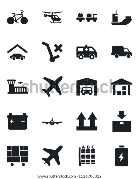 Set of vector isolated black icon - plane vector,\
baggage larry, helicopter, seat map, airport building, ambulance\
car, bike, sea shipping, delivery, consolidated cargo, up side\
sign, no trolley