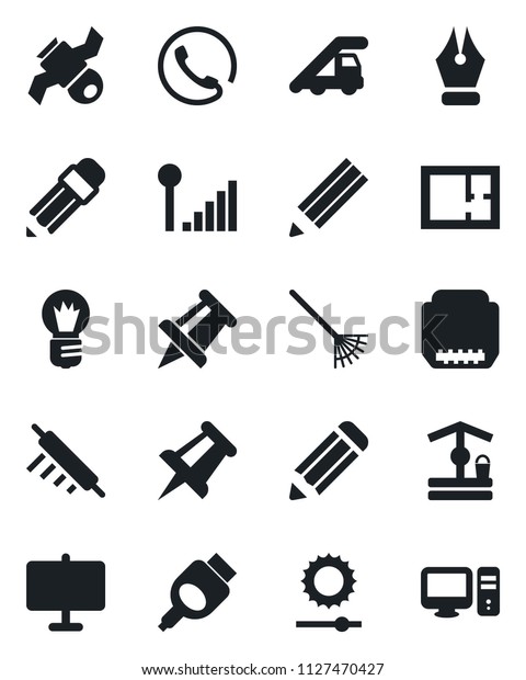 Set of vector isolated black icon - ladder car vector,\
drawing pin, bulb, pencil, rake, well, satellite, hdmi, brightness,\
cellular signal, presentation board, ink pen, plan, phone, rolling,\
pc