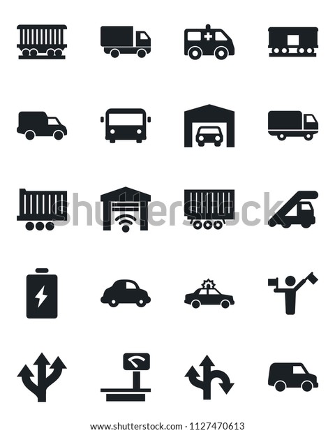 Set\
of vector isolated black icon - dispatcher vector, airport bus,\
alarm car, ladder, ambulance, route, railroad, truck trailer,\
delivery, heavy scales, garage, gate control,\
battery